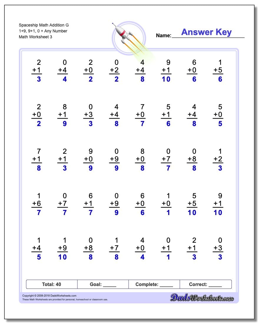 Spaceship Math Addition Worksheet G 1+9, 9+1, 0 + Any Number