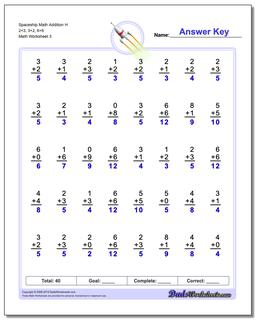 Spaceship Math Addition Worksheet H 2+3, 3+2, 6+6