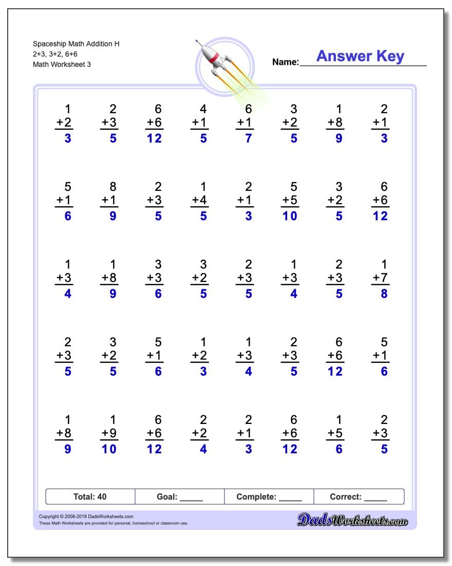 Spaceship Math Addition Worksheet H 2+3, 3+2, 6+6