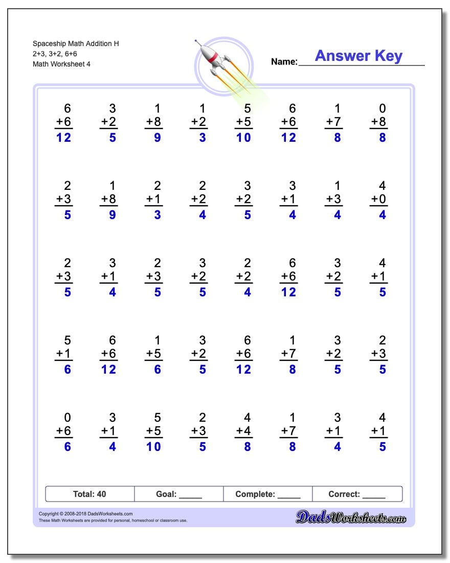 Spaceship Math Addition Worksheet H 2+3, 3+2, 6+6