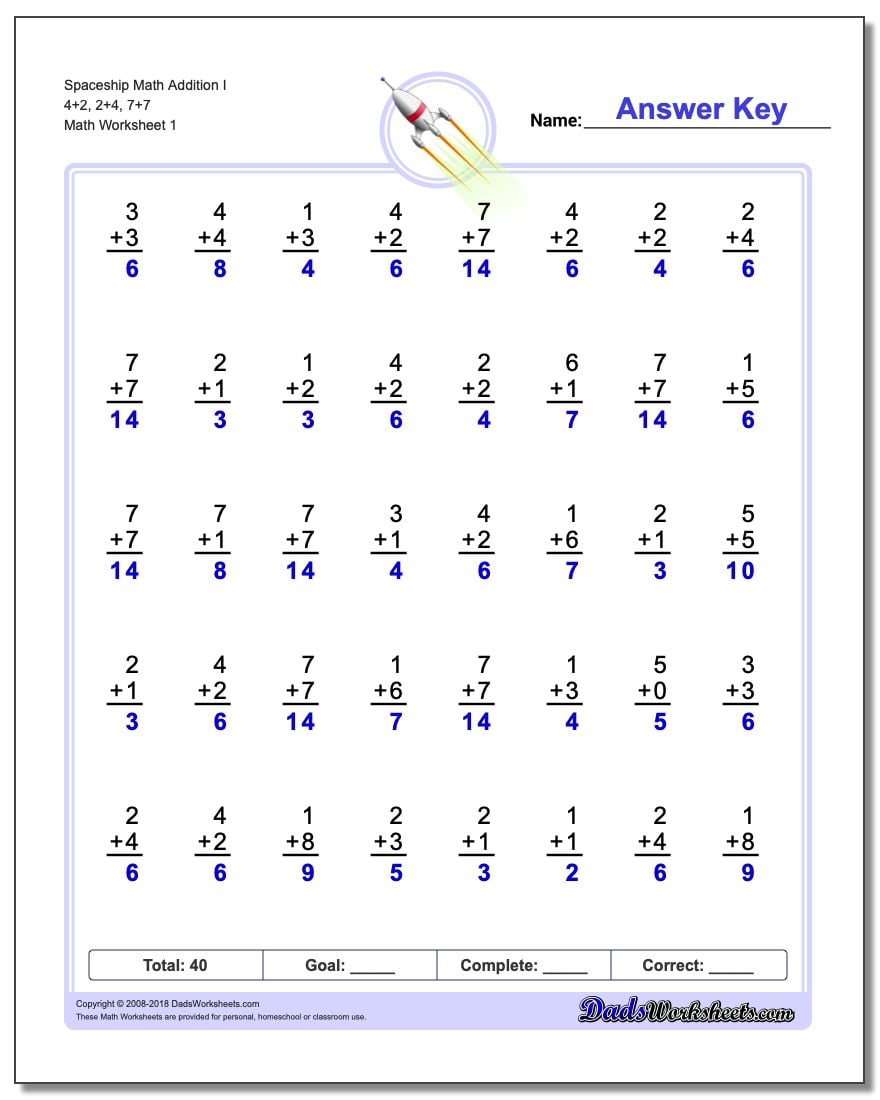 Addition Worksheet Spaceship Math I 4+2, 2+4, 7+7