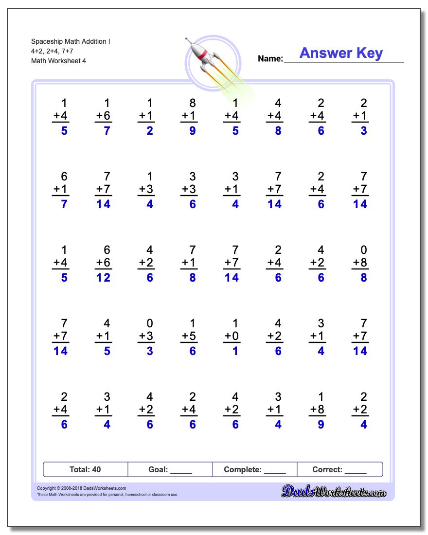 Spaceship Math Addition Worksheet I 4+2, 2+4, 7+7