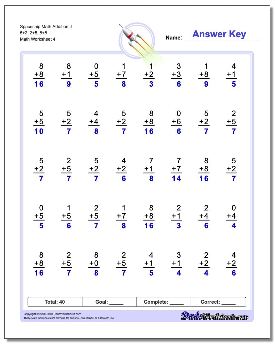 Spaceship Math Addition Worksheet J 5+2, 2+5, 8+8