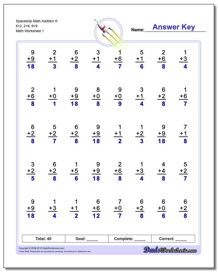 Addition Worksheet Spaceship Math K 6+2, 2+6, 9+9