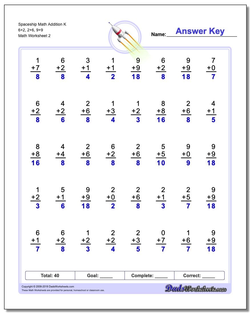 Spaceship Math Addition Worksheet K 6+2, 2+6, 9+9 www.dadsworksheets.com/worksheets/addition.html