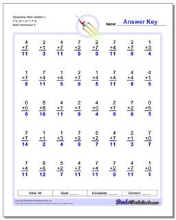 Spaceship Math Addition Worksheet L 7+2, 2+7, 4+7, 7+4