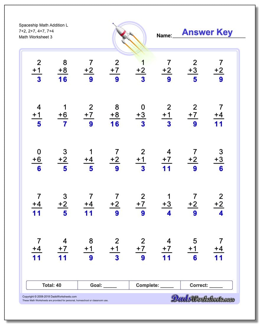 Spaceship Math Addition Worksheet L 7+2, 2+7, 4+7, 7+4