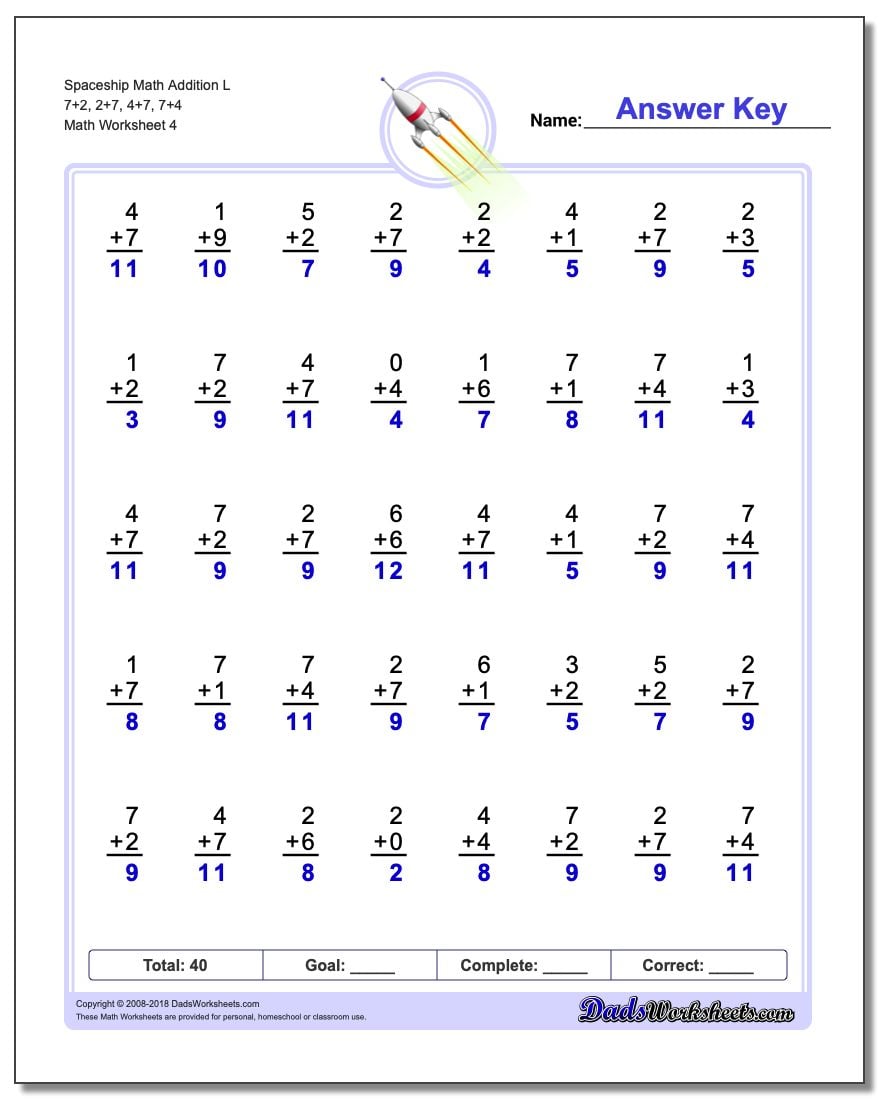 Spaceship Math Addition Worksheet L 7+2, 2+7, 4+7, 7+4