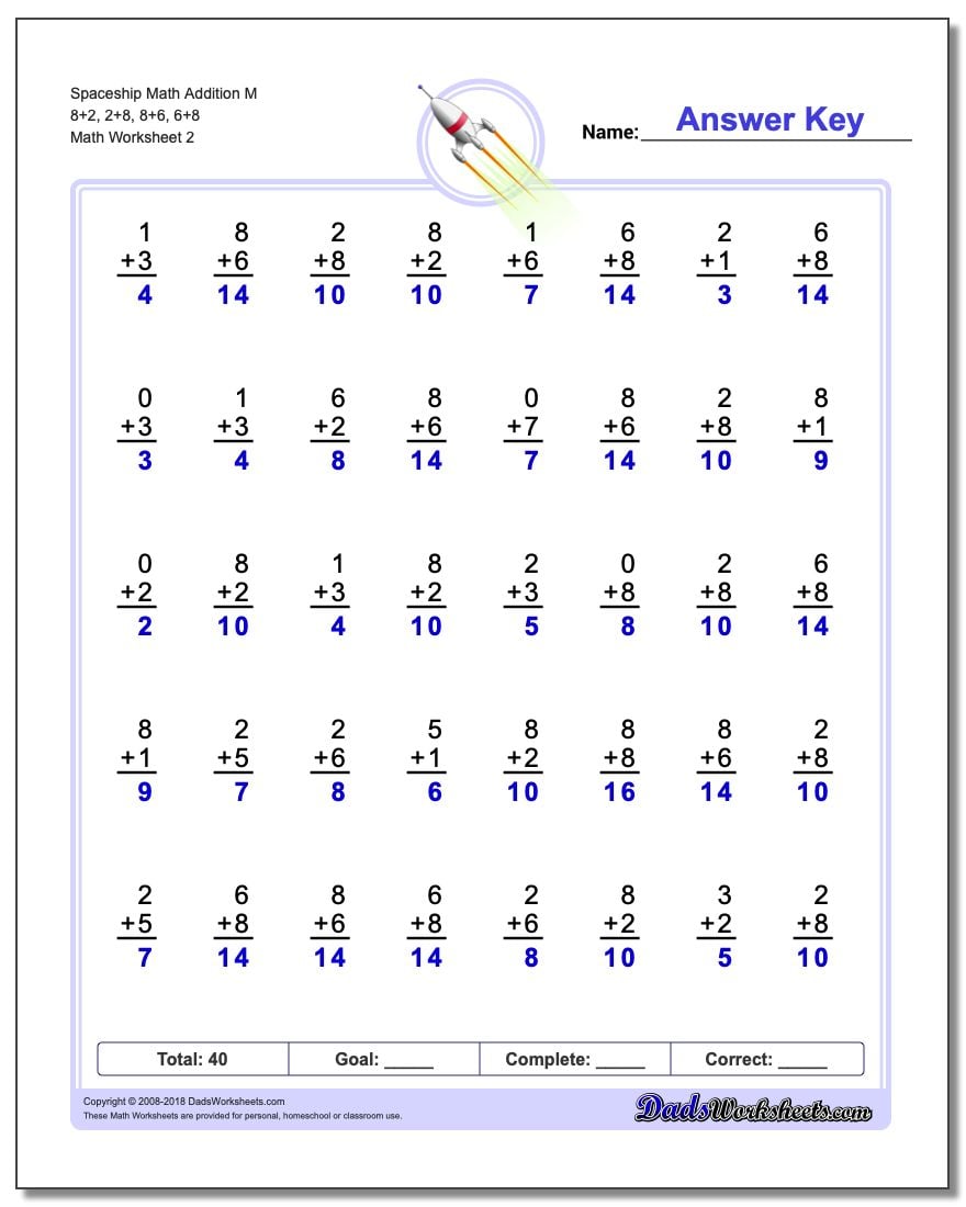 Spaceship Math Addition Worksheet M 8+2, 2+8, 8+6, 6+8 www.dadsworksheets.com/worksheets/addition.html