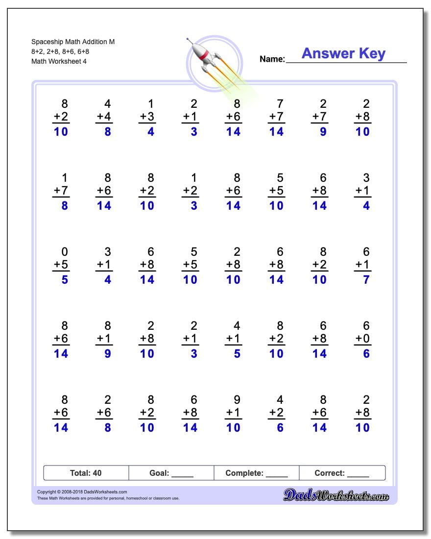 Spaceship Math Addition Worksheet M 8+2, 2+8, 8+6, 6+8