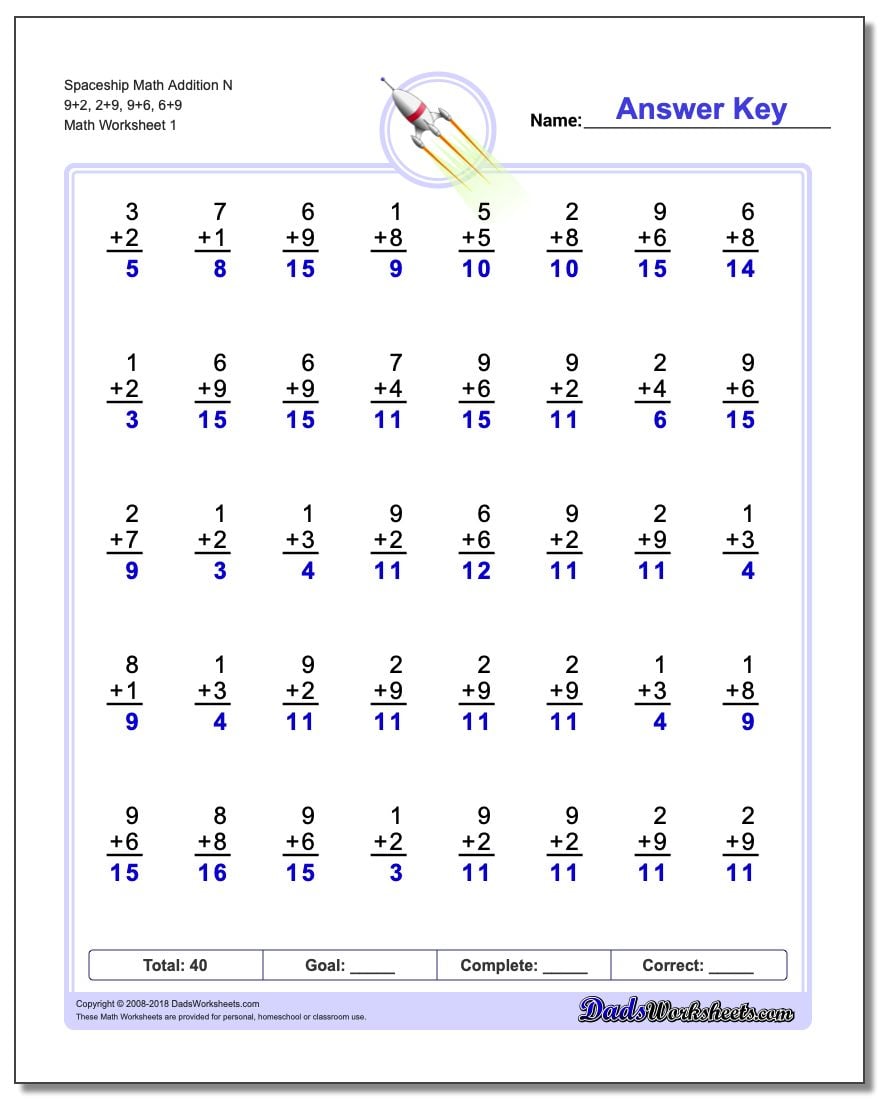 Addition Worksheet Spaceship Math N 9+2, 2+9, 9+6, 6+9