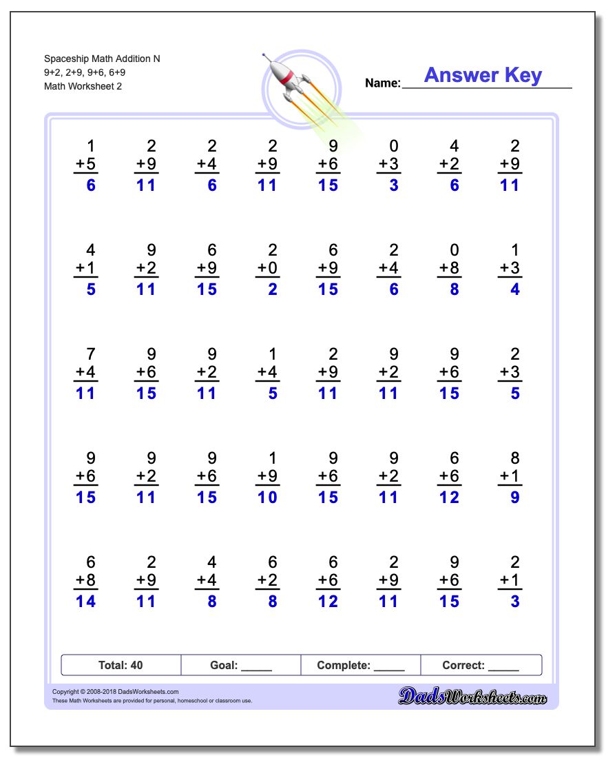 Spaceship Math Addition Worksheet N 9+2, 2+9, 9+6, 6+9 www.dadsworksheets.com/worksheets/addition.html