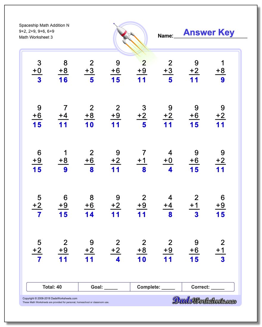 Spaceship Math Addition Worksheet N 9+2, 2+9, 9+6, 6+9