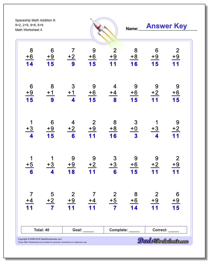 Spaceship Math Addition Worksheet N 9+2, 2+9, 9+6, 6+9