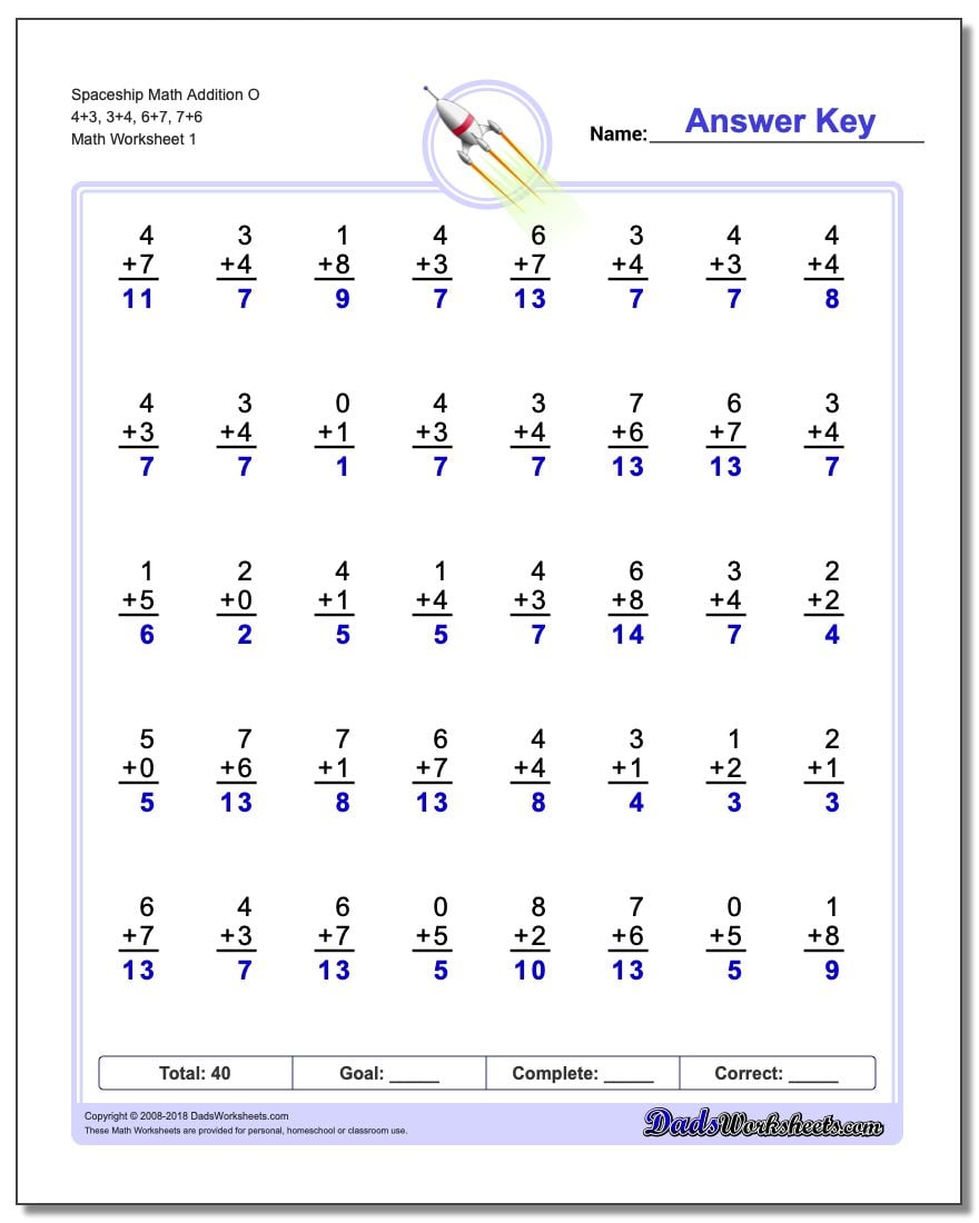 Addition Worksheet Spaceship Math O 4+3, 3+4, 6+7, 7+6