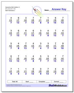 Spaceship Math Addition Worksheet O 4+3, 3+4, 6+7, 7+6 /worksheets/addition.html