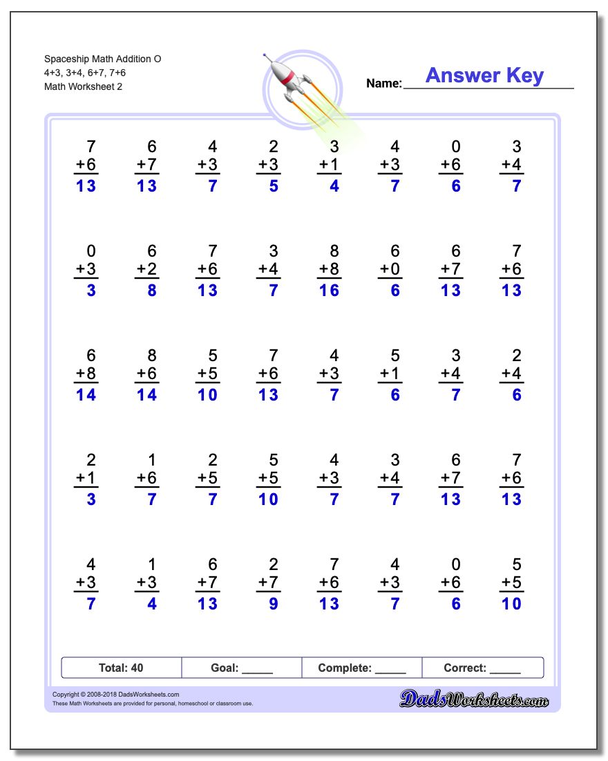 Spaceship Math Addition Worksheet O 4+3, 3+4, 6+7, 7+6 www.dadsworksheets.com/worksheets/addition.html