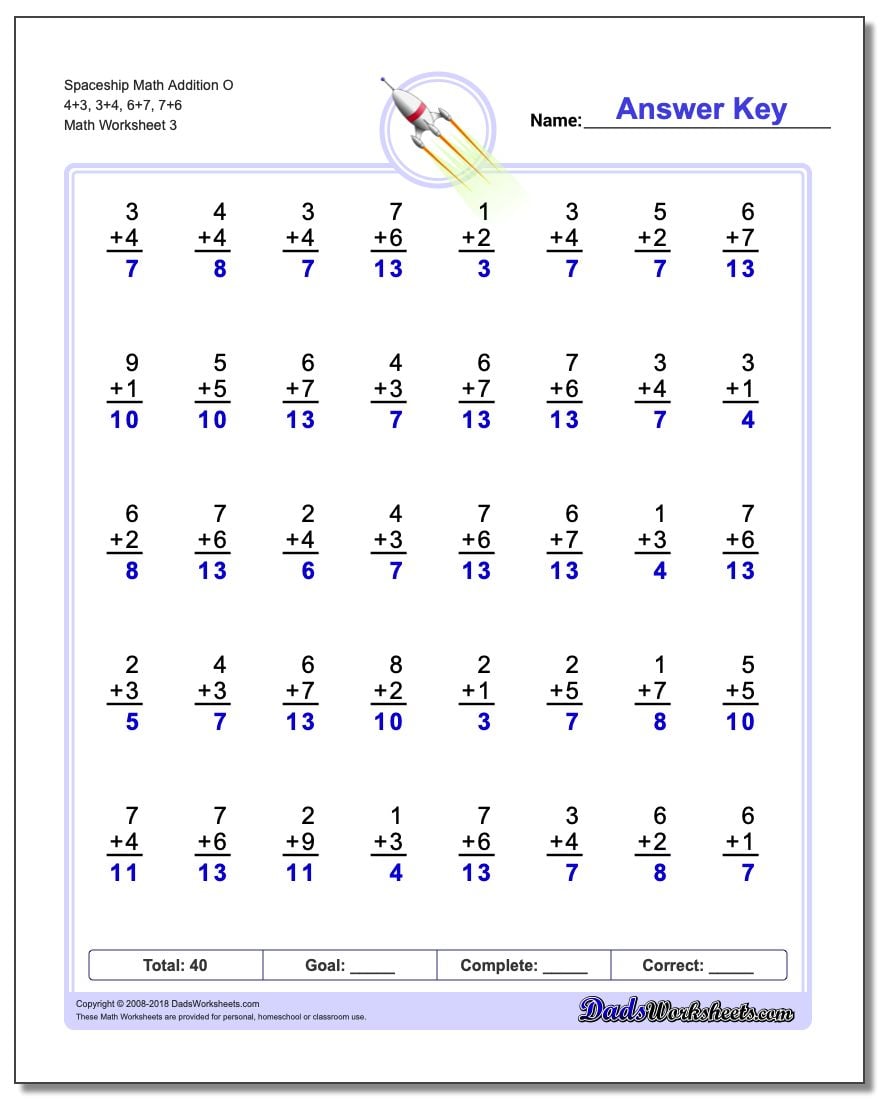 Spaceship Math Addition Worksheet O 4+3, 3+4, 6+7, 7+6