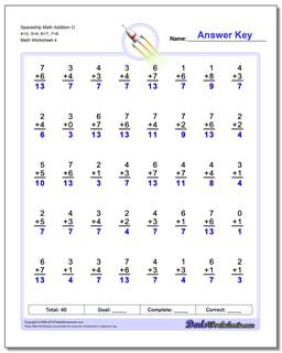 Spaceship Math Addition Worksheet O 4+3, 3+4, 6+7, 7+6