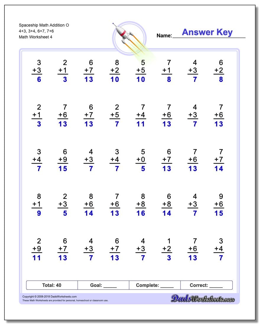 Spaceship Math Addition Worksheet O 4+3, 3+4, 6+7, 7+6