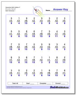 Addition Worksheet Spaceship Math P 5+3, 3+5, 7+8, 8+7