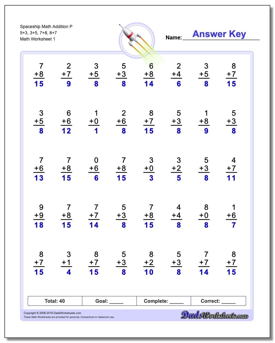 Addition Worksheet Spaceship Math P 5+3, 3+5, 7+8, 8+7