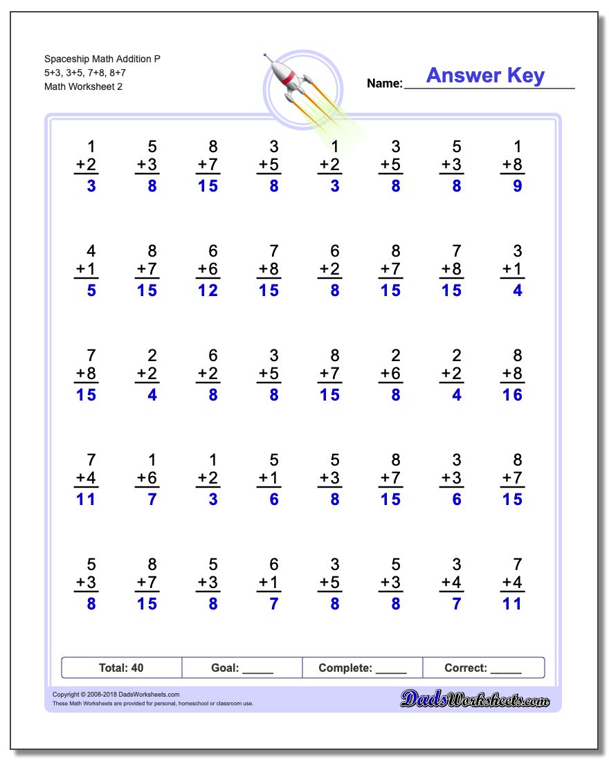 Spaceship Math Addition Worksheet P 5+3, 3+5, 7+8, 8+7 www.dadsworksheets.com/worksheets/addition.html