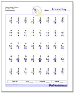 Spaceship Math Addition Worksheet P 5+3, 3+5, 7+8, 8+7