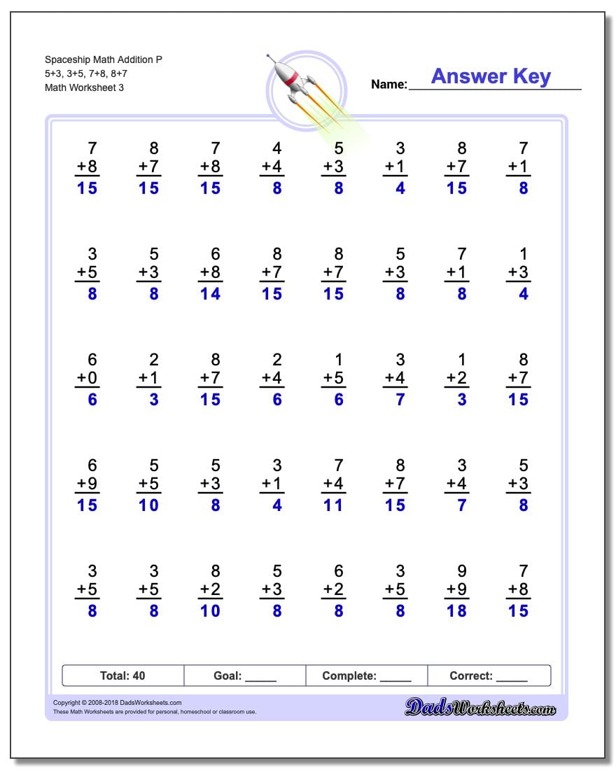 Spaceship Math Addition Worksheet P 5+3, 3+5, 7+8, 8+7