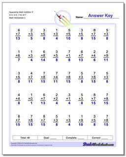 Spaceship Math Addition Worksheet P 5+3, 3+5, 7+8, 8+7