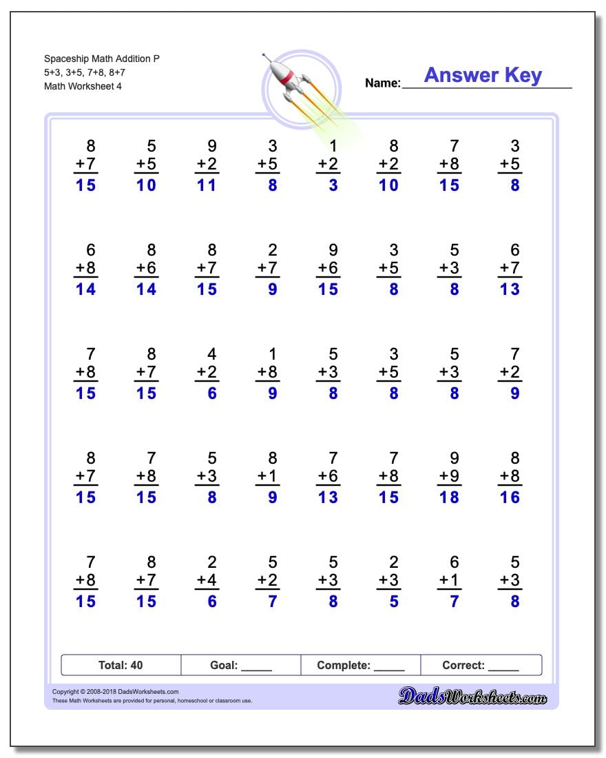Spaceship Math Addition Worksheet P 5+3, 3+5, 7+8, 8+7