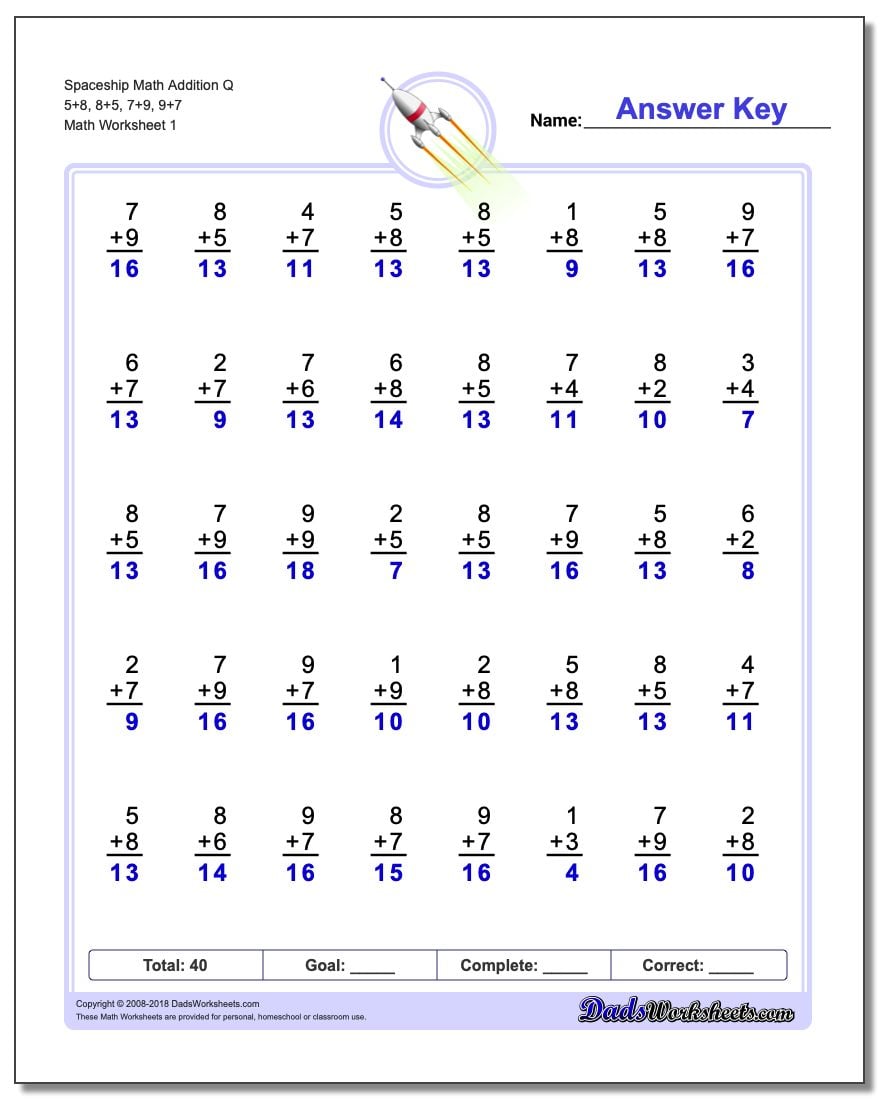 Addition Worksheet Spaceship Math Q 5+8, 8+5, 7+9, 9+7