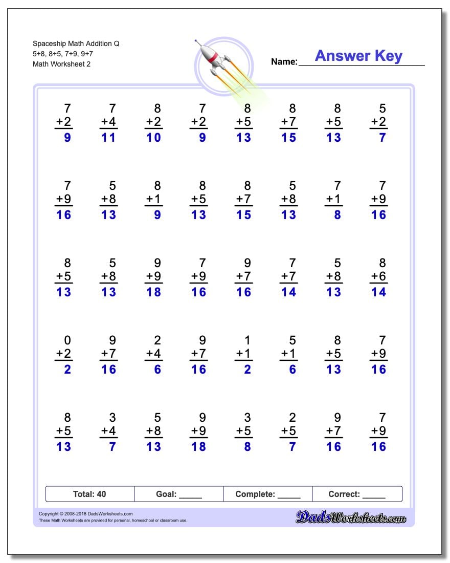 Spaceship Math Addition Worksheet Q 5+8, 8+5, 7+9, 9+7 www.dadsworksheets.com/worksheets/addition.html