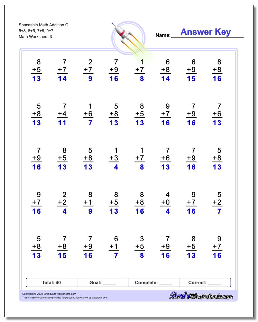 Spaceship Math Addition Worksheet Q 5+8, 8+5, 7+9, 9+7