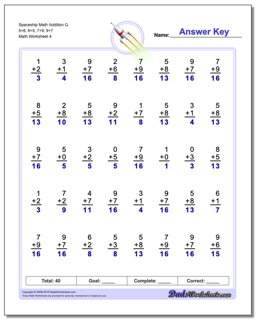 Spaceship Math Addition Worksheet Q 5+8, 8+5, 7+9, 9+7