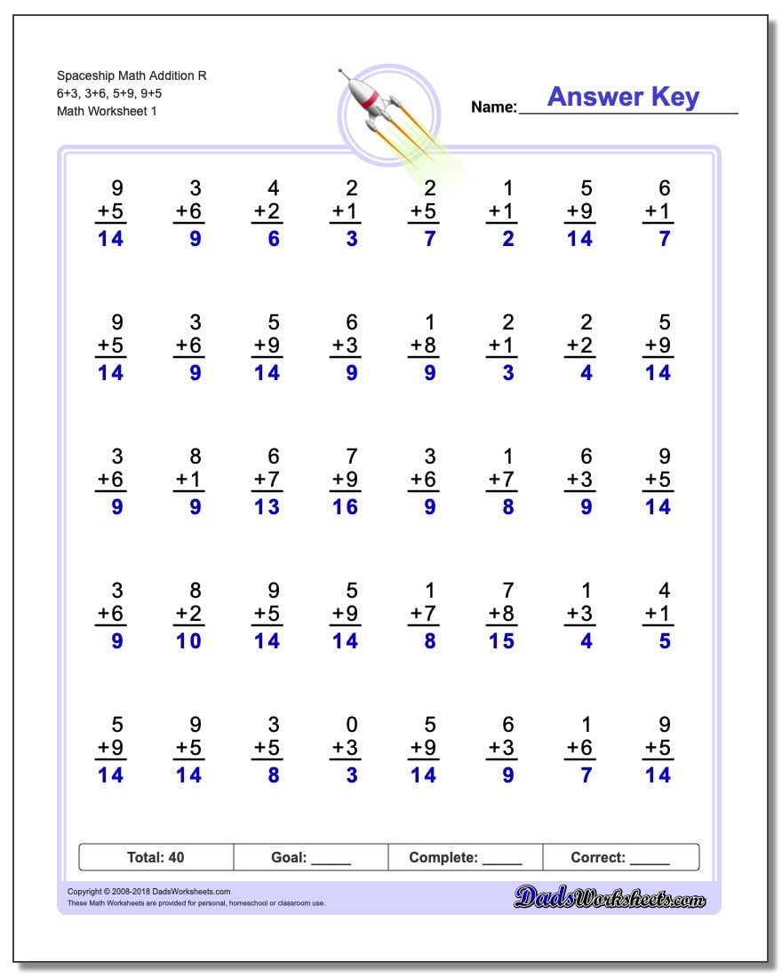 Addition Worksheet Spaceship Math R 6+3, 3+6, 5+9, 9+5