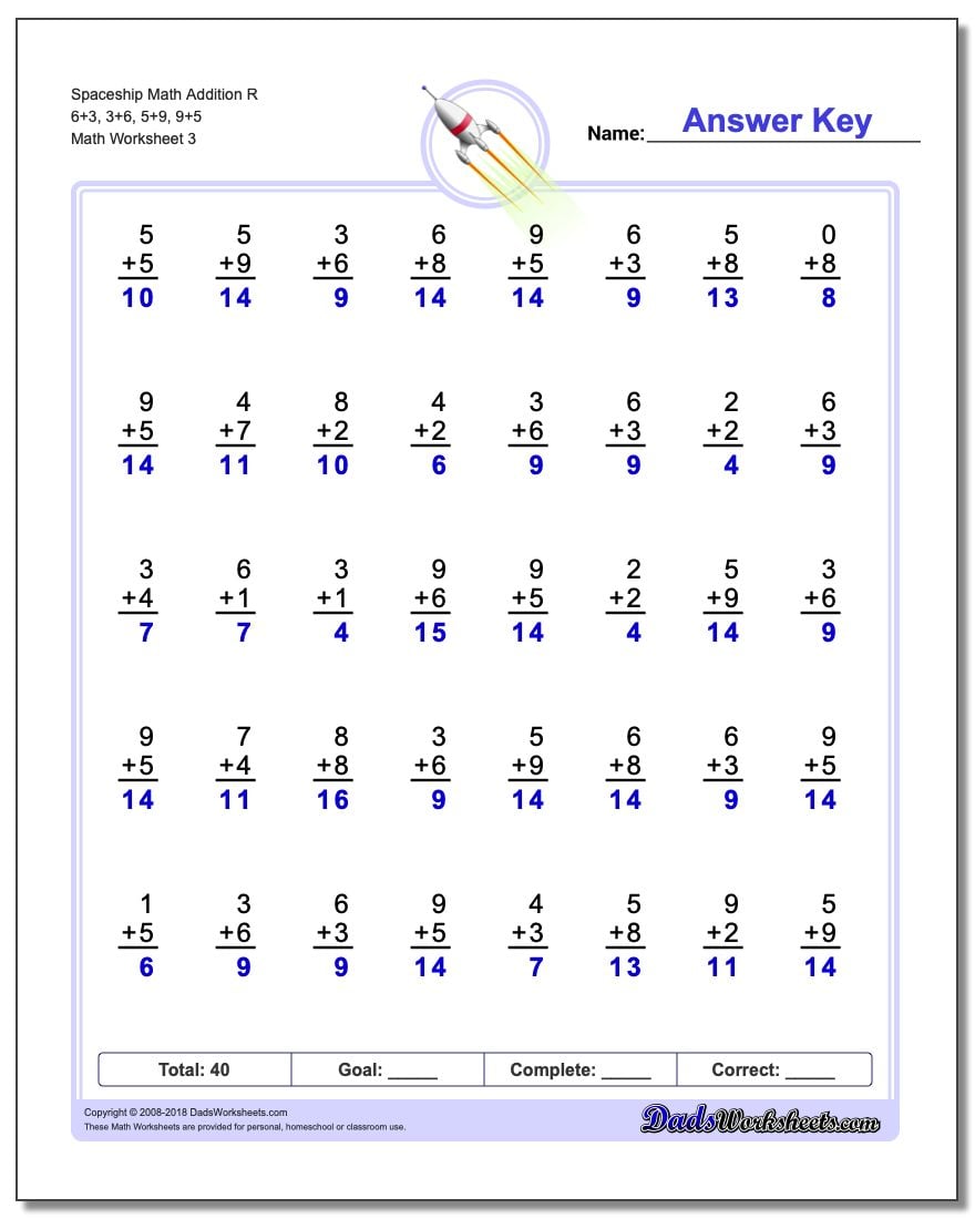 Spaceship Math Addition Worksheet R 6+3, 3+6, 5+9, 9+5