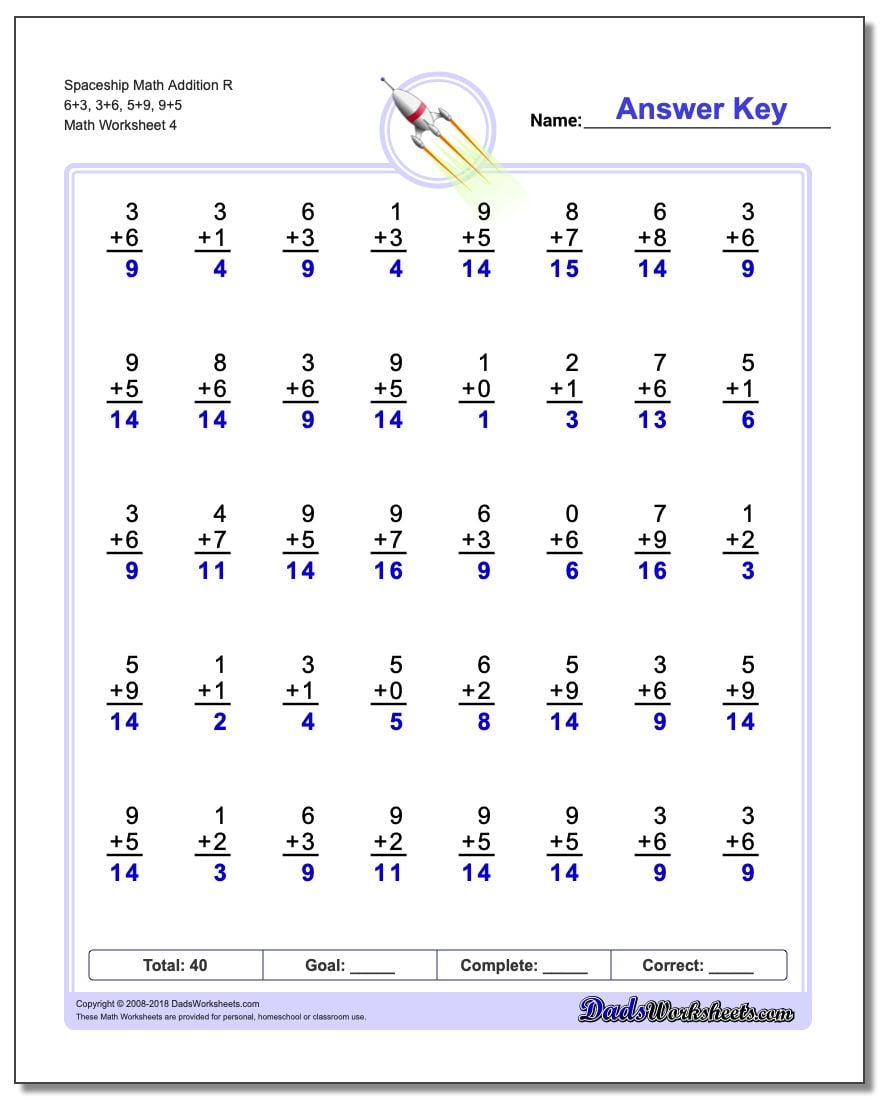 Spaceship Math Addition Worksheet R 6+3, 3+6, 5+9, 9+5
