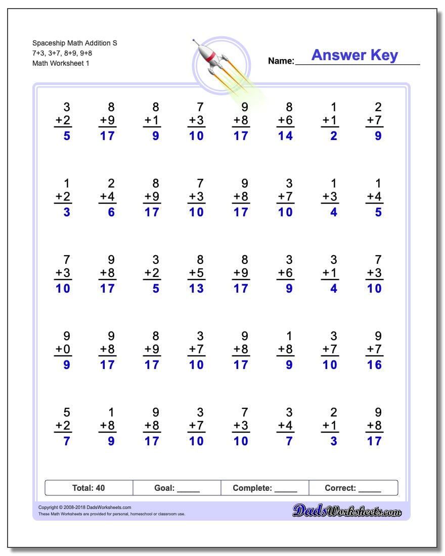 Addition Worksheet Spaceship Math S 7+3, 3+7, 8+9, 9+8