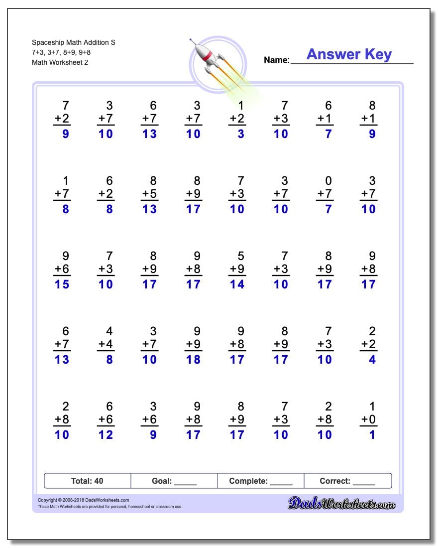 Spaceship Math Addition Worksheet S 7+3, 3+7, 8+9, 9+8 www.dadsworksheets.com/worksheets/addition.html