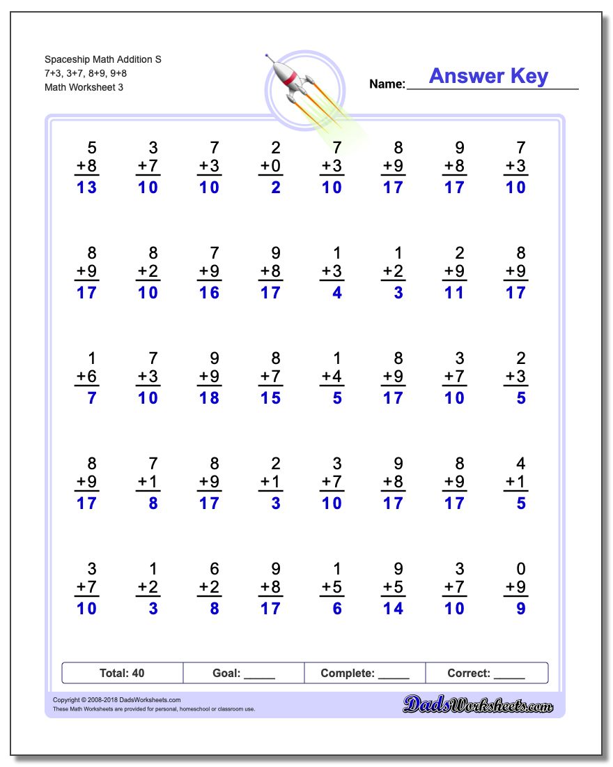 Spaceship Math Addition Worksheet S 7+3, 3+7, 8+9, 9+8