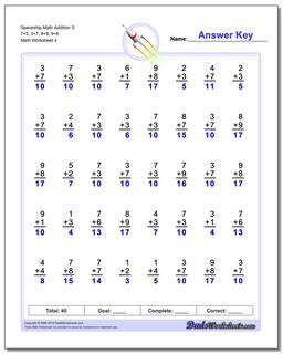 Spaceship Math Addition Worksheet S 7+3, 3+7, 8+9, 9+8