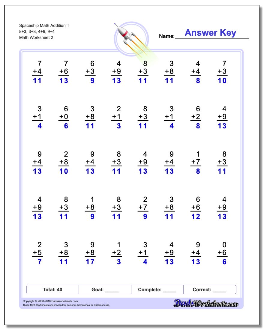 Spaceship Math Addition Worksheet T 8+3, 3+8, 4+9, 9+4 www.dadsworksheets.com/worksheets/addition.html