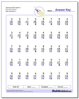 Spaceship Math Addition Worksheet T 8+3, 3+8, 4+9, 9+4