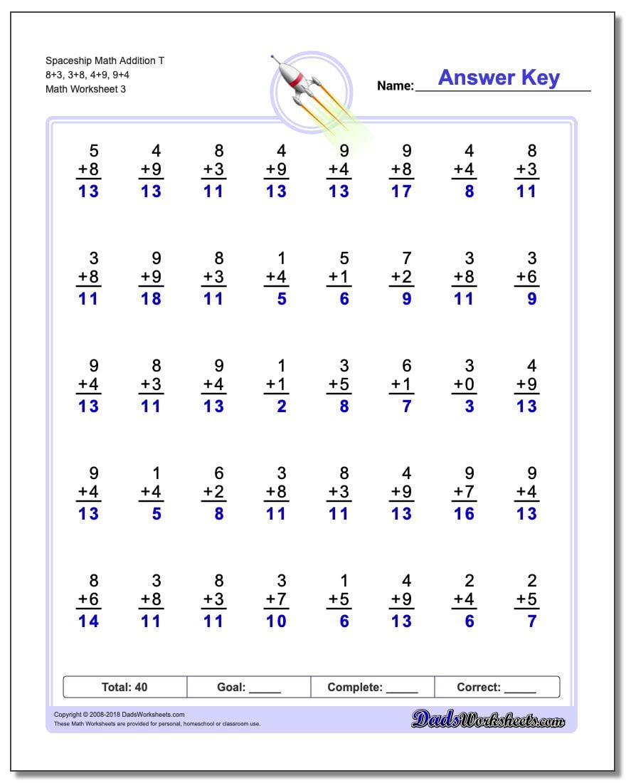 Spaceship Math Addition Worksheet T 8+3, 3+8, 4+9, 9+4