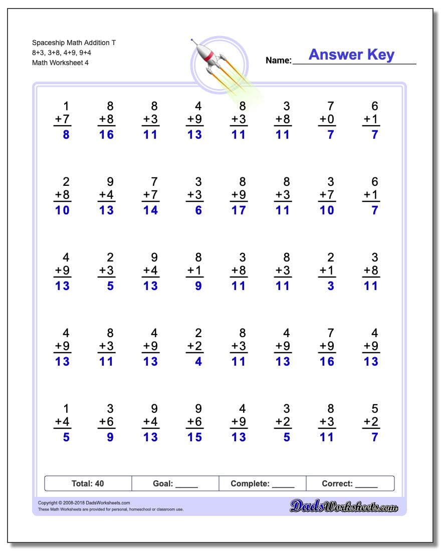 Spaceship Math Addition Worksheet T 8+3, 3+8, 4+9, 9+4