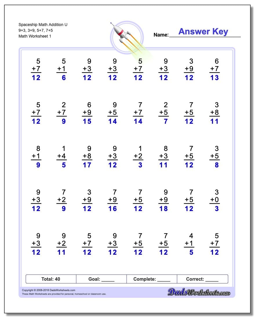 Addition Worksheet Spaceship Math U 9+3, 3+9, 5+7, 7+5