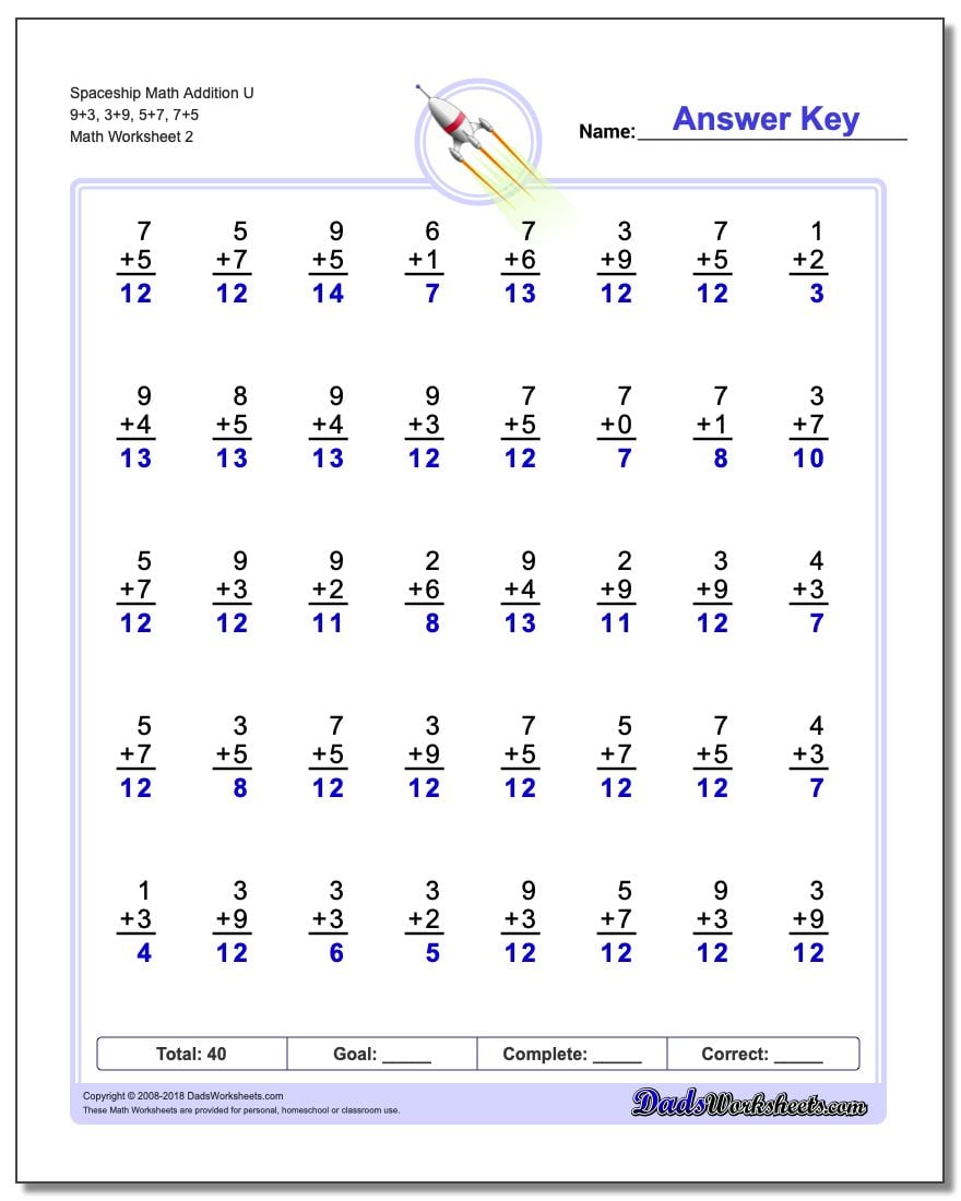 Spaceship Math Addition Worksheet U 9+3, 3+9, 5+7, 7+5 www.dadsworksheets.com/worksheets/addition.html