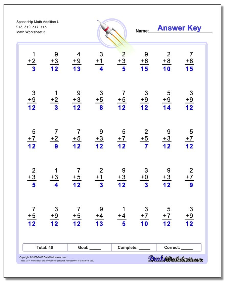 Spaceship Math Addition Worksheet U 9+3, 3+9, 5+7, 7+5