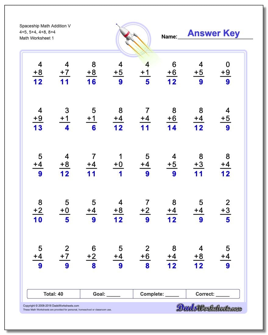 Addition Worksheet Spaceship Math V 4+5, 5+4, 4+8, 8+4